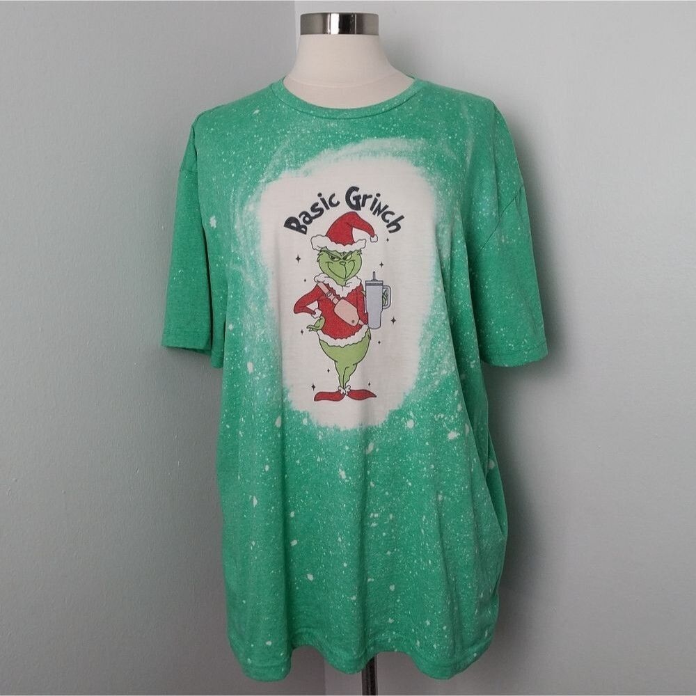Basic Grinch Green Bleached Holiday Festive Christmas Graphic Tee Size XL